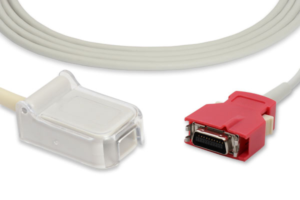 image of Masimo Compatible SpO2 Adapter Cable, one end is white and one is red, on white background