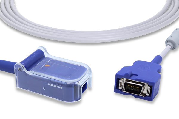 image of Covidien > Nellcor Compatible SpO2 Adapter Cable, with blue ends, on white background