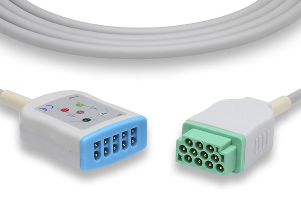 Image of a GE Healthcare > Marquette Compatible ECG Trunk Cable, the right end is green and the left end is blue, all on a white background